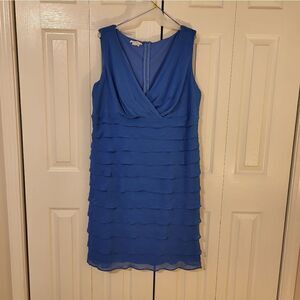 NWOT London Times plus size blue sleeveless deep v-neck ruffle midi dress